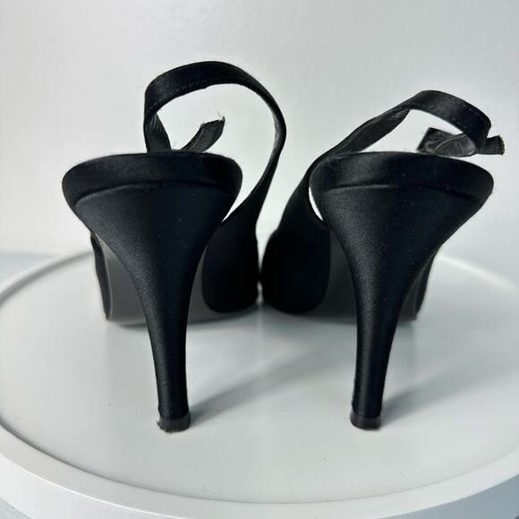 Stuart Weitzman Heels Slingback Satin Open Toe Pumps Stiletto Shoes Black 9 - Picture 6 of 13